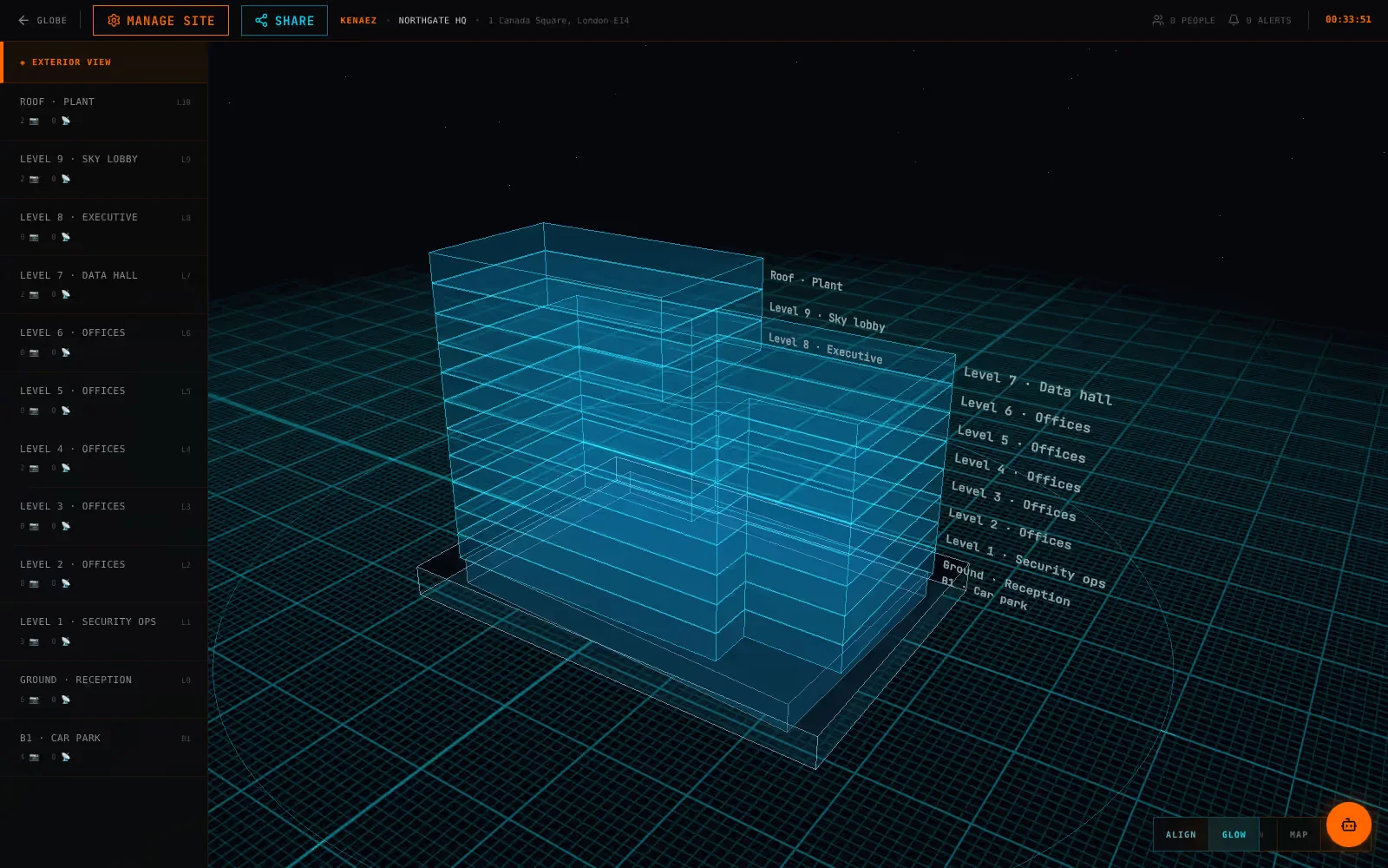 KENAEZ 3D digital twin of a twelve-storey building with floors, zones and cameras