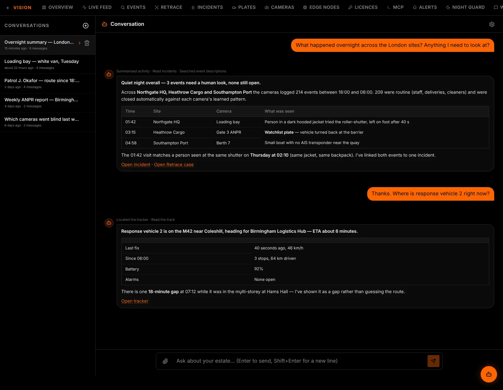 KENAEZ AI assistant answering an operator question about overnight activity with linked events