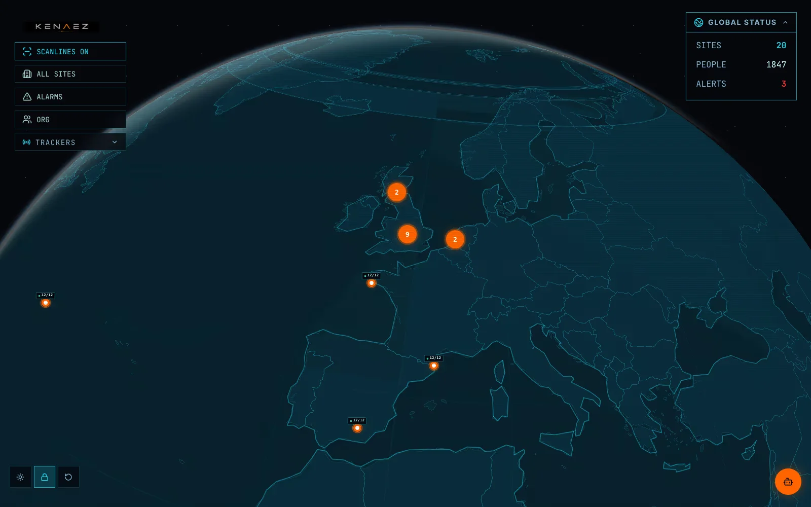 KENAEZ globe view showing a multi-site estate across Europe with live site status