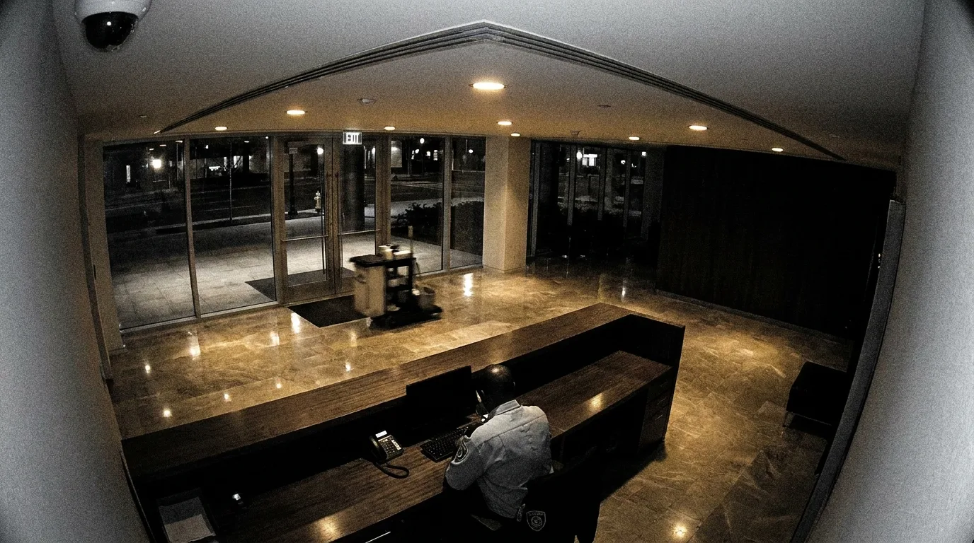 CCTV view of a building reception and lobby