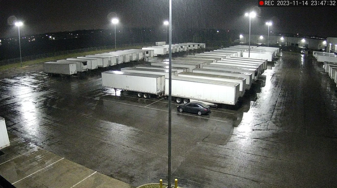 Wide CCTV view of a trailer park and yard