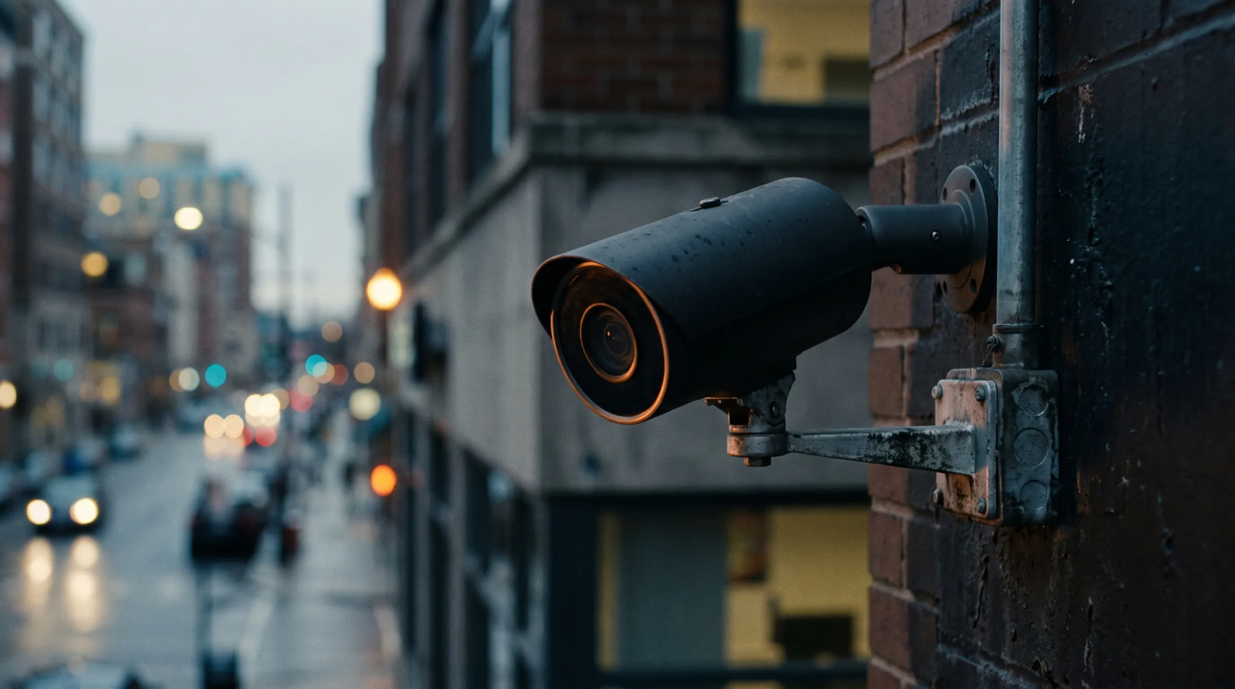 A black security camera mounted on the corner of a concrete building at blue hour