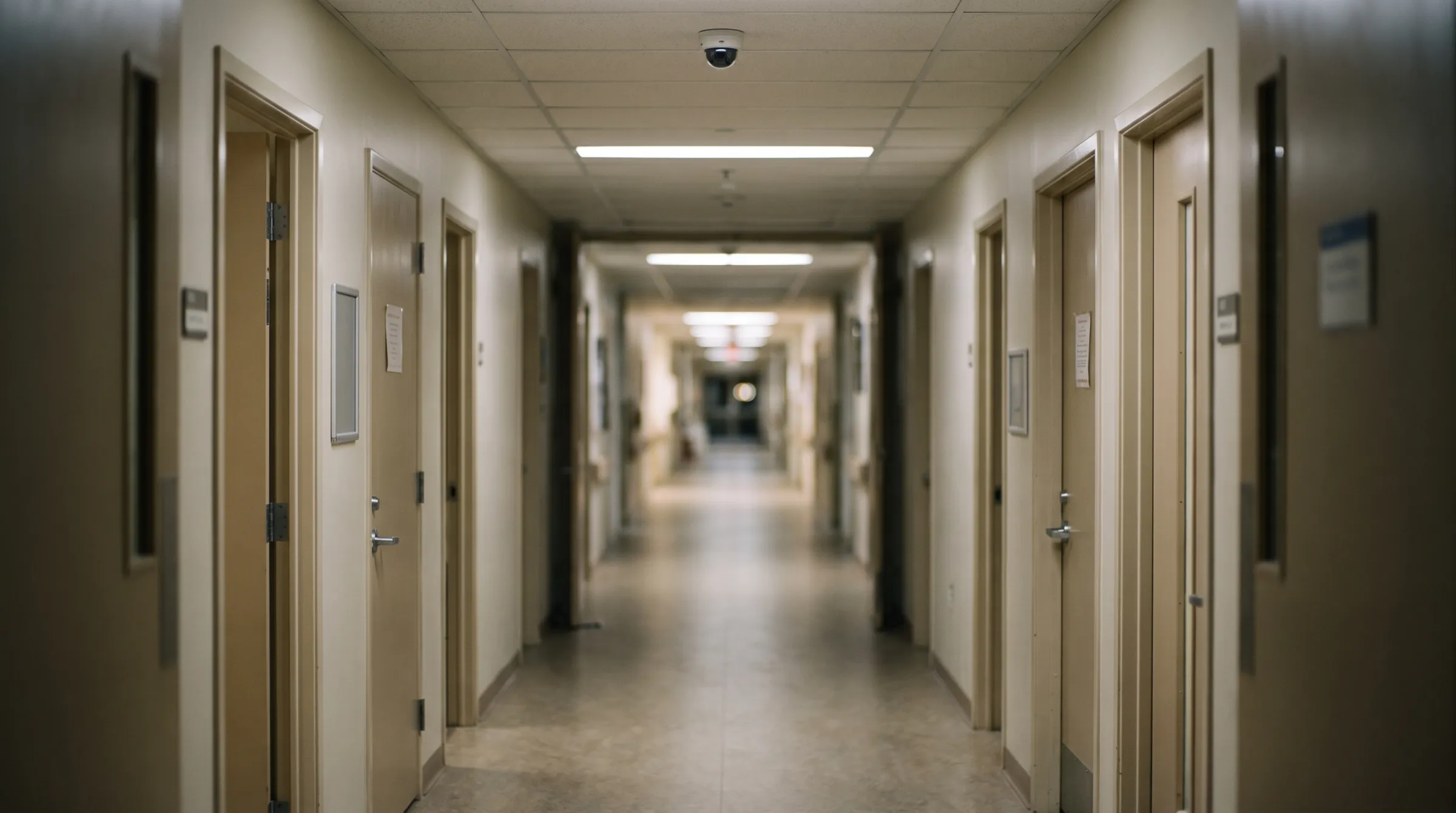 A softly lit care home corridor at night with handrails and a discreet ceiling camera
