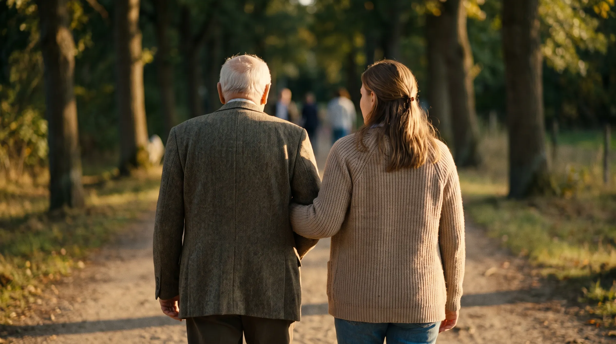 An elderly man and his carer walking arm in arm along a park path at golden hour