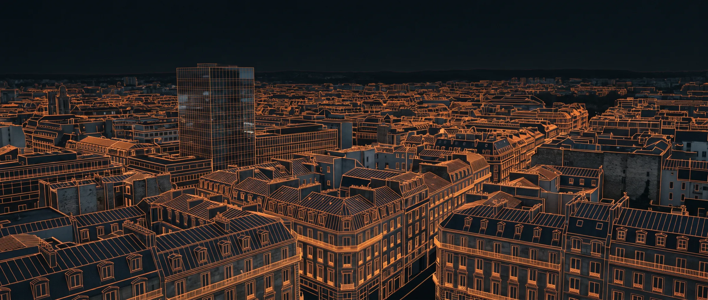 A night aerial view of a city with buildings outlined in glowing orange wireframe