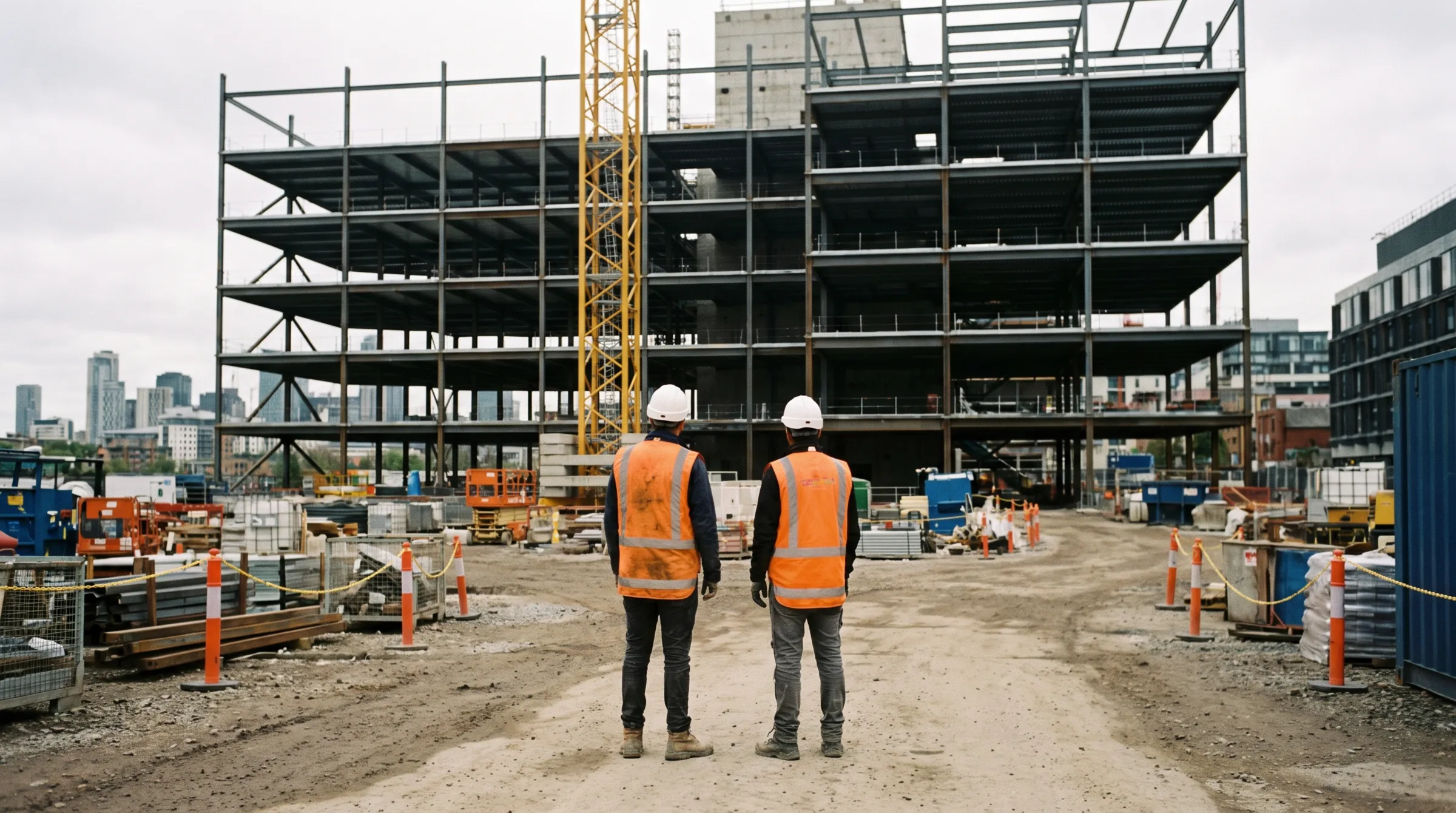 Workers in hard hats and hi-vis on a construction site at sunset with a tower crane