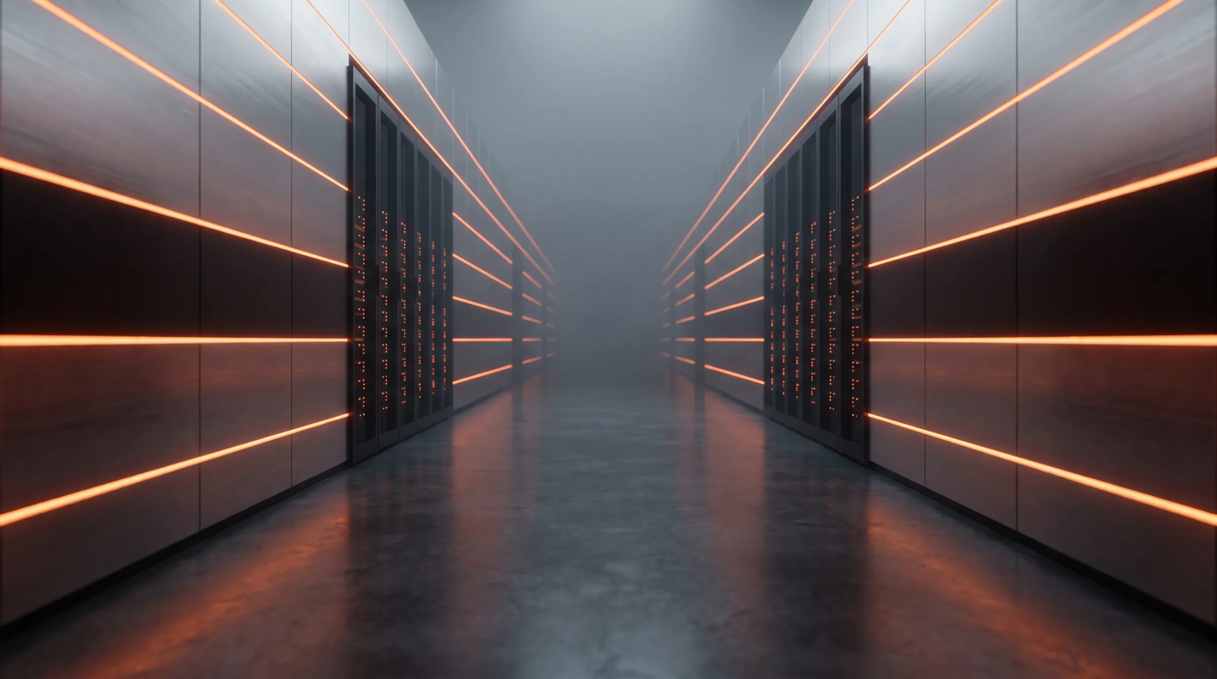 A dark data centre aisle between server racks lit by thin orange light lines