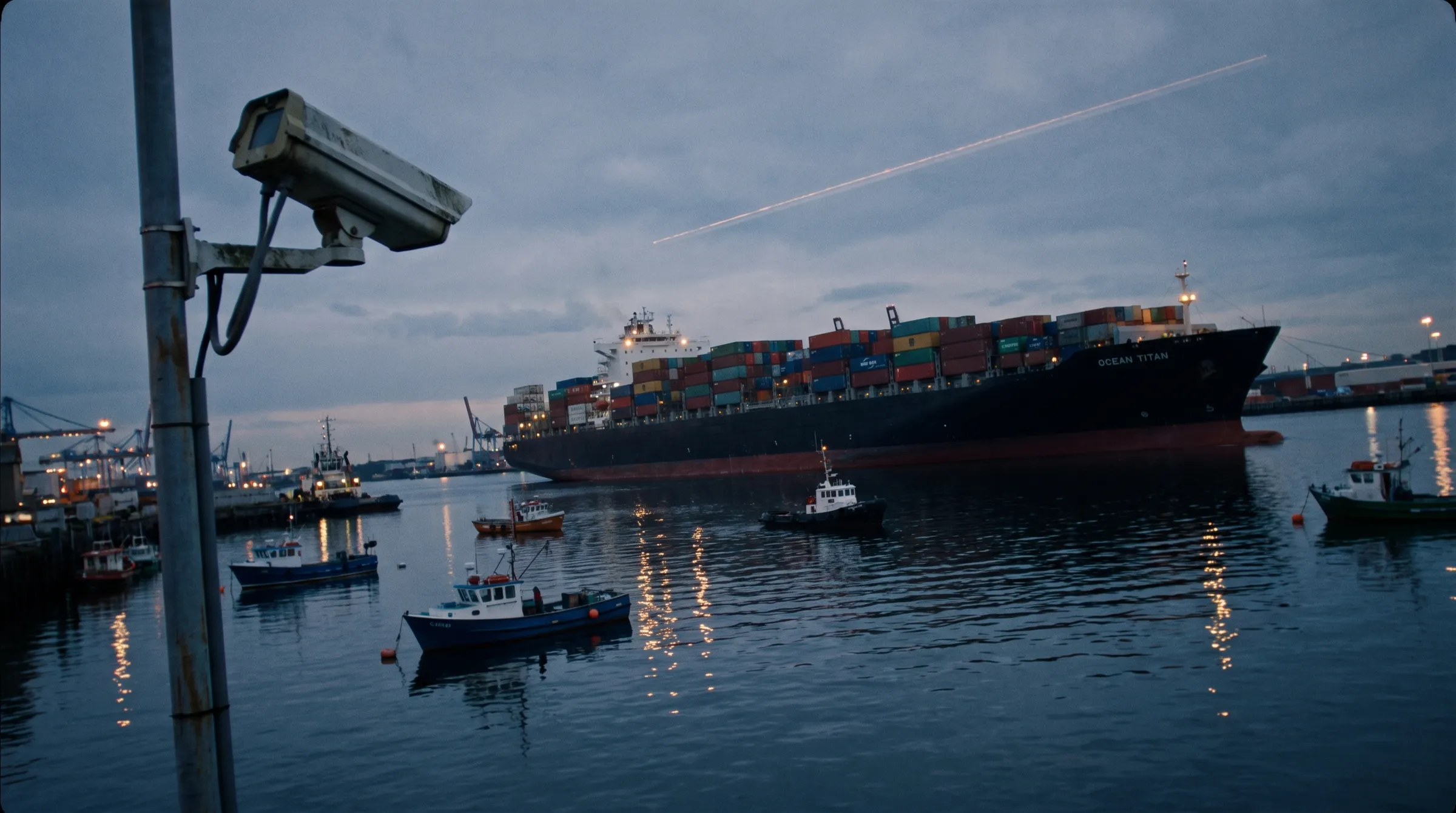 A commercial harbour at blue hour with a cargo ship and a mast-mounted security camera