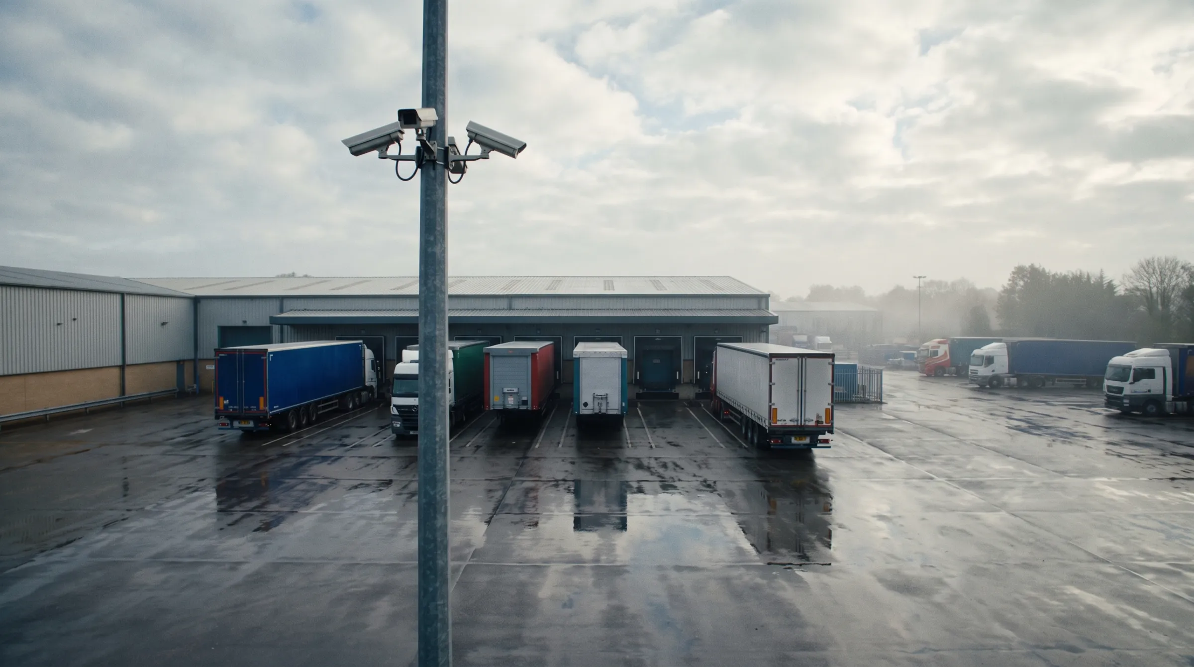 Lorries at loading bays in a floodlit logistics yard at night with a pole-mounted camera
