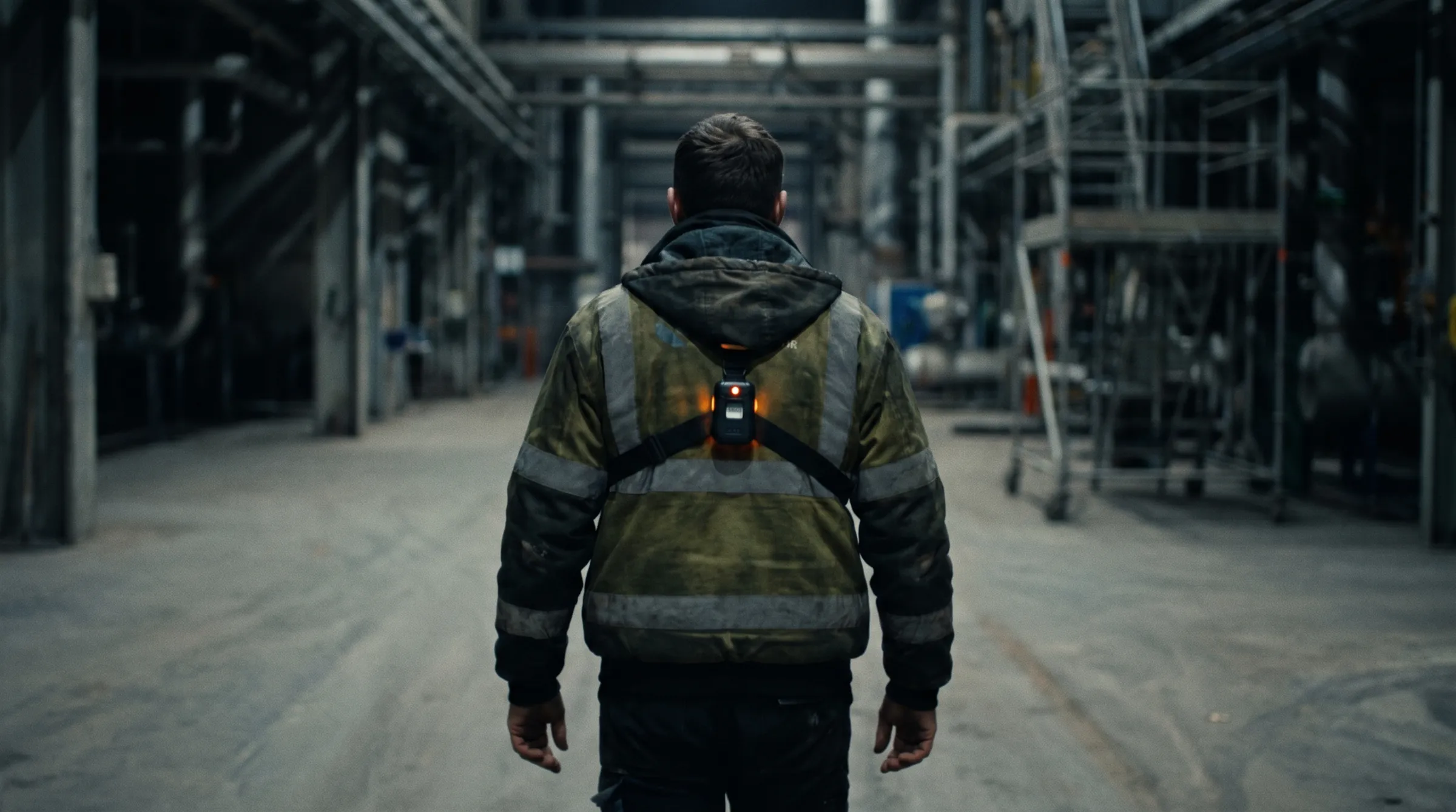 A lone worker in a hi-vis jacket walking through an industrial estate at night with a personal safety tracker clipped to their chest