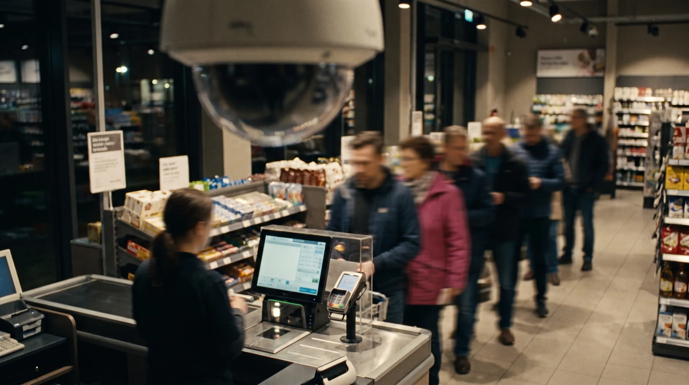 A modern retail store in the evening with shoppers and a ceiling dome camera