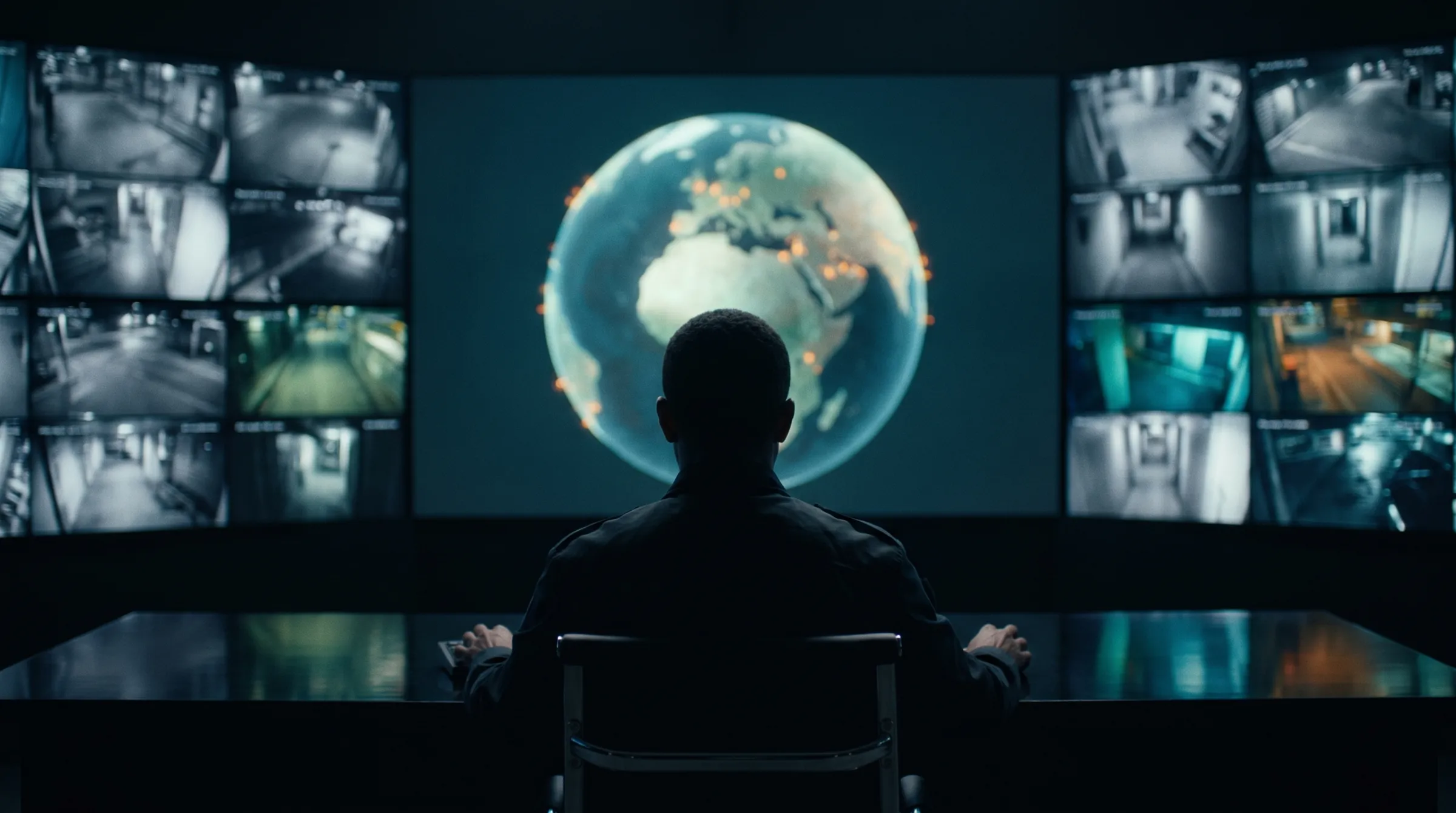 An operator in a dark security operations room facing a wall of displays showing a globe and camera feeds